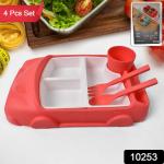 Kid's Car Shaped Plates Cup / Lunch Box Dinnerware Set Food Containers Infant Training Dishes Baby Feeding Sets Kids Tableware With Spoon & Fork (4 Pcs Set / 1000 ML Lunch Box)